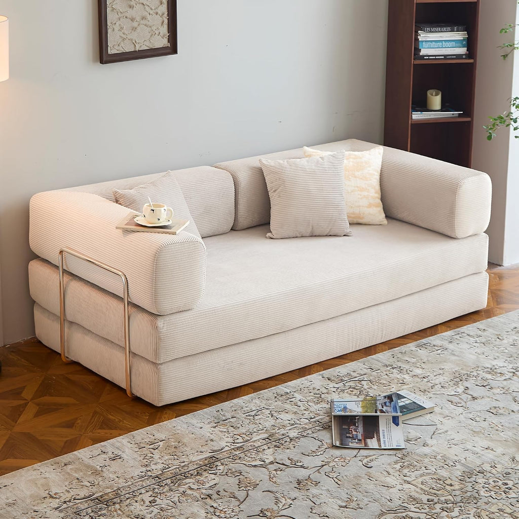 78.8' Convertible Sofa Bed -Compression Sofa with Corduroy Fabric - with Armrests and Backrest - Modular Sectional for Living Room, Bedroom, Studio - Compression Sofa in Box (Beige)