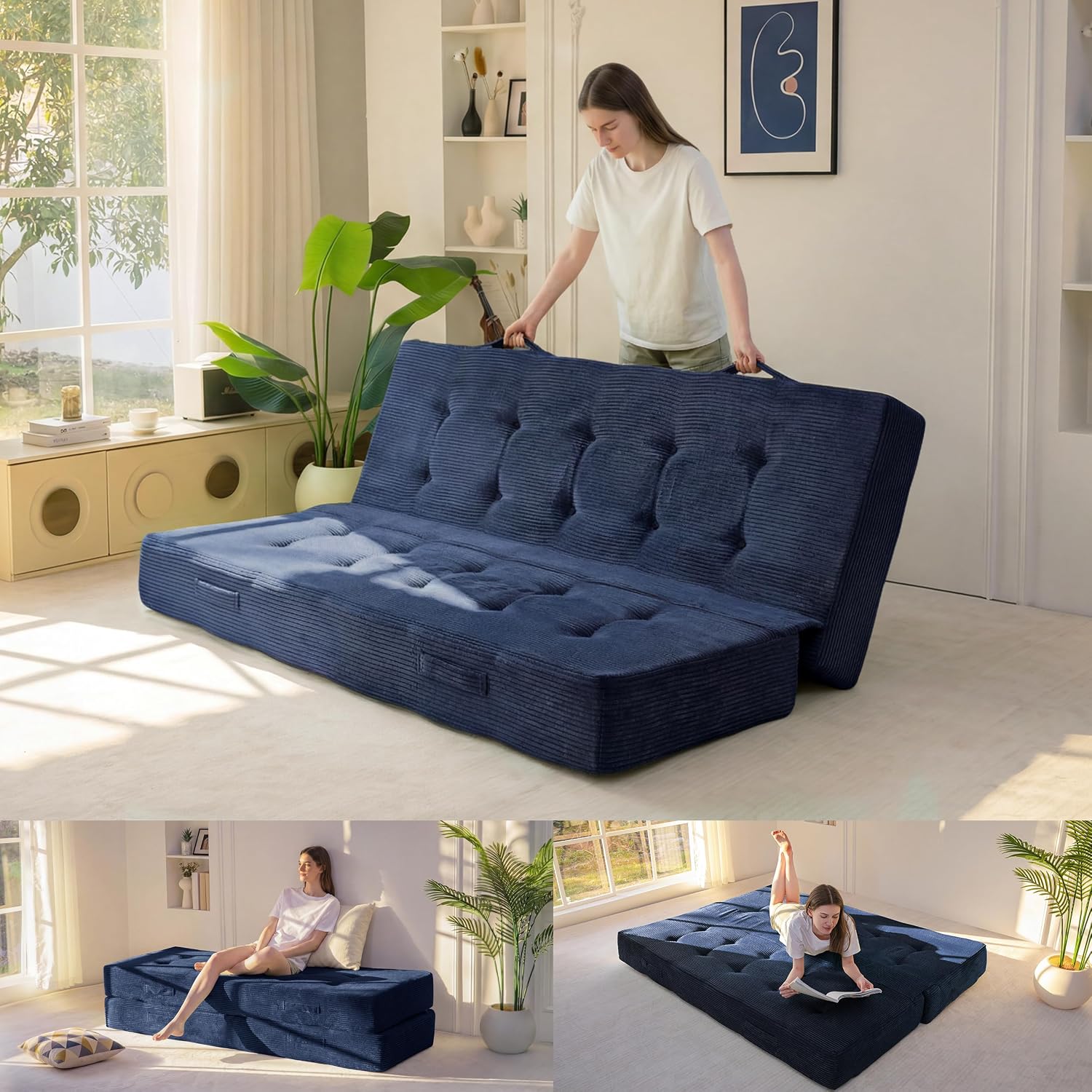 MAXYOYO 8' Foldable Floor Sofa Bed, Tufted Foldable Couch Bed Thick Folding Mattress with Handles, Versatile Folding Sofa Couch for Floor Sleeping, Living Room & Guest Room, Navy