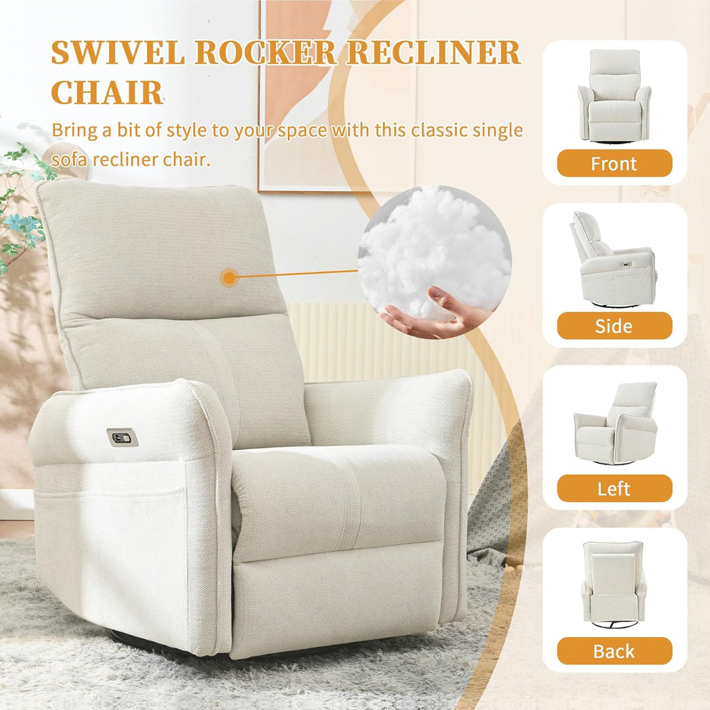 Power Swivel Rocker Recliner Chair for Nursery, Upholstered Snowflake Velvet 270°Swivel Glider Rocker Chair with USB Ports, Small Power Recliners for Small Spaces Living Room