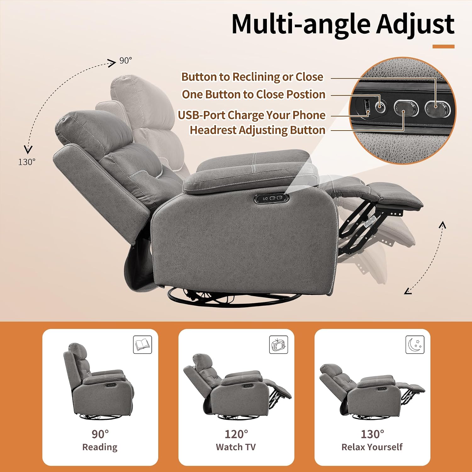Swivel Rocker Recliner Chair with Electrical Adjustable Headrest, Nursery Rocking Glider Reclining Sofa with USB Ports, Microfiber Fabric Recliners Chair for Living Room,Nursery Room