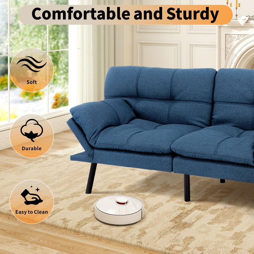 MUUEGM 71' Futon Sofa Bed, Cozy Convertible Loveseat Sleeper, Linen Fabric Couch with Adjustable Back & Arms for Living Room, Guest Room - Navy