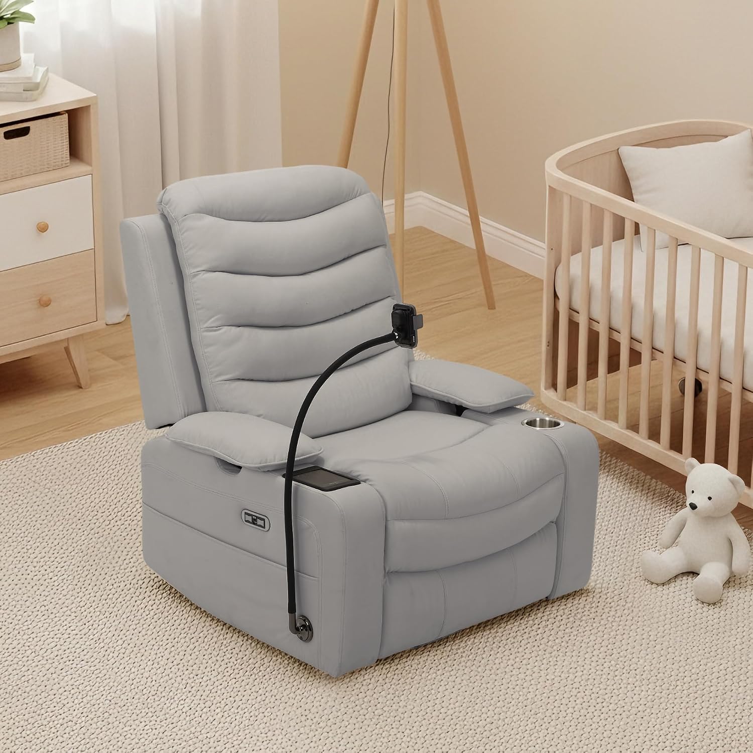 Olela Power Glider Recliner Nursery Chair, PU Leather Swivel Rocking Chair with Electric Lumbar Support, USB Charging, Smart Cup Holder, Light, Adjustable Armrest, Wireless Phone Charger Holder