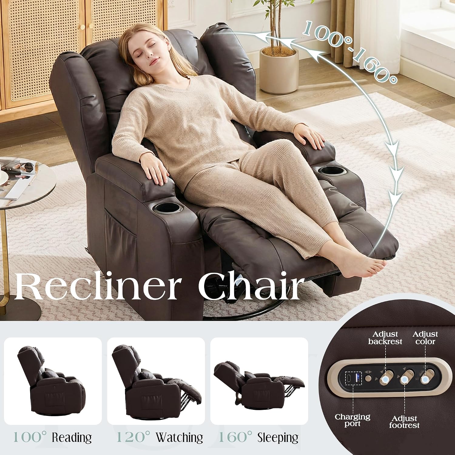 TUNYI Power Recliner Chair - Faux Leather Home Theater Seating Glider Reclining Sofa with Massage & Heat Swivel Rocker Recliner Chair for Living Room with LED Light/USB Port/Lumbar Pillow (PUBrown)