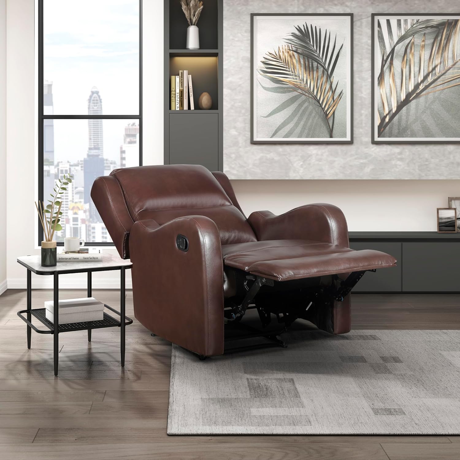 Lexicon Manual Recliner Chair, Reclining Sofa Chair, Home Theater Seating, Wall Hugger, Manual Recliner for Living Room/Office/Apartment, Easy Assembly, Brown Faux Leather