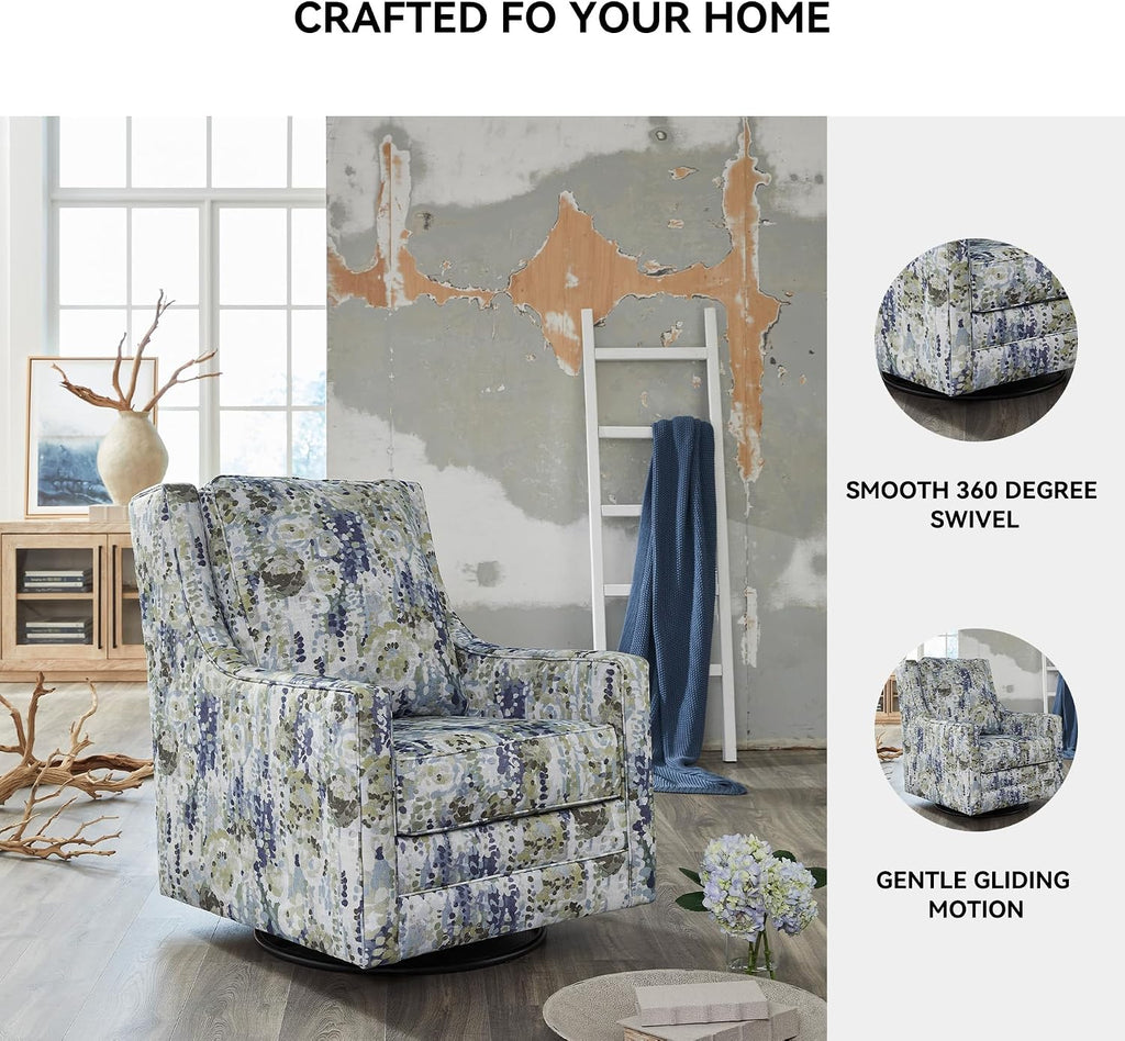 Signature Design by Ashley Dustinford Contemporary Abstract Floral Swivel Glider Accent Chair with Reversible Cushions, Blue & Green