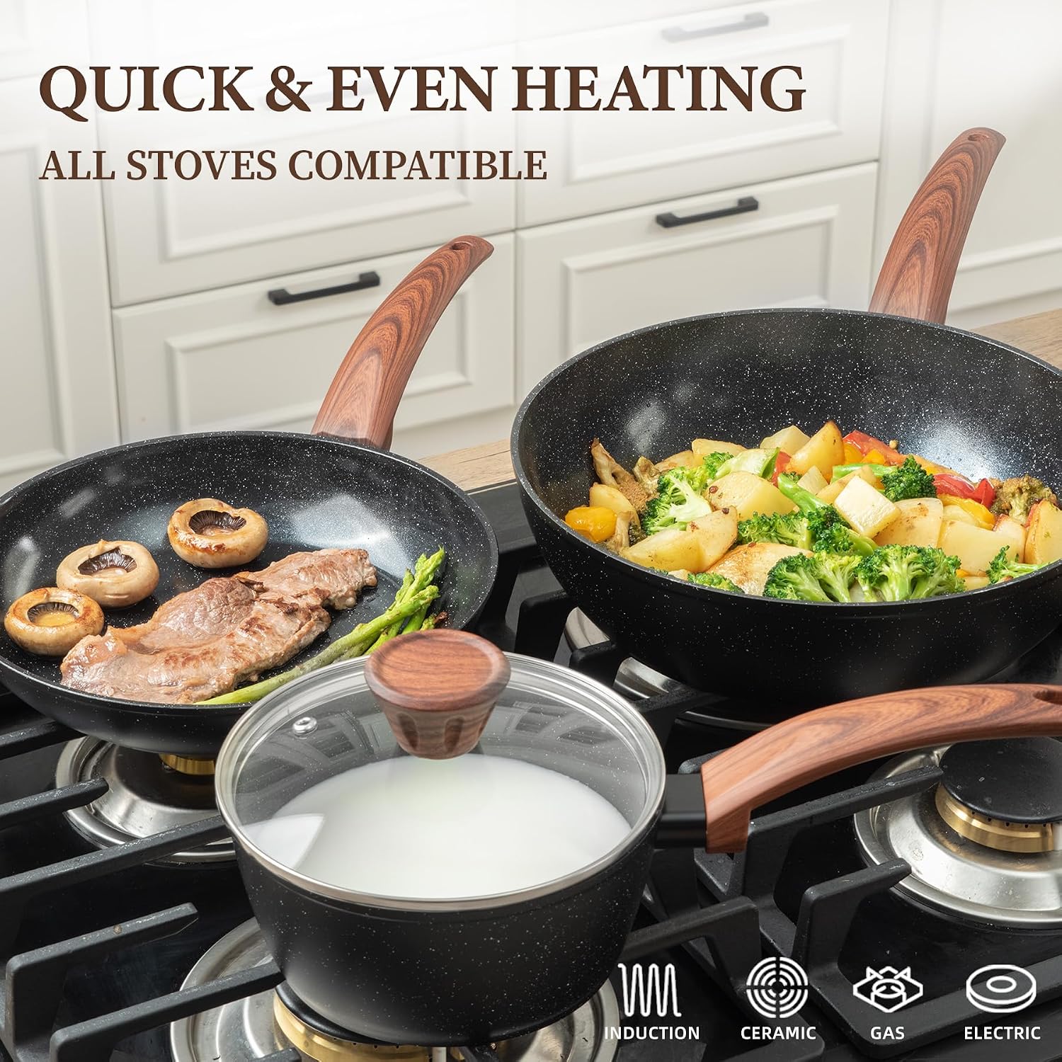 26Pcs Pots and Pans Nonstick Ceramic Cookware Set Nontoxic Kitchen Cooking Set with Steamers Utensils Induction Compatible, PFAS/PFOA Free, Oven and Dishwasher Safe, Black