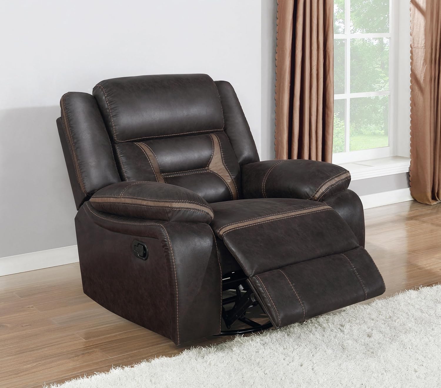 Coaster Home Furnishings - Greer - Leatherette Upholstered Swivel Glider Recliner Chair with Pocket Coil Cushions, Padded Armrests, Contrasting Stitching - Living Room - 41-Inch - Brown - 651356