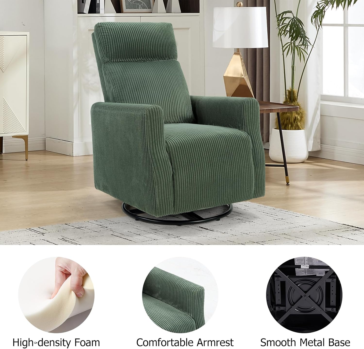 CANMOV Swivel Rocker Chair Set of 2, Swivel Accent Chair with High Back and Arms, Corduroy Glider Chair for Living Room Bedroom Nursery, Green