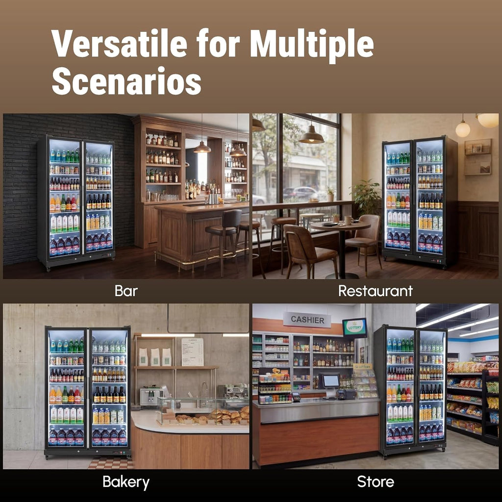 Yeego Commercial Refrigerators - 27.1 Cu.Ft 2 Glass Doors Commercial Beverage Refrigerator with LED Light & Adjustable Shelves, 32-50°F Commercial Cooler for Stores Bakery Bar Offices Restaurants