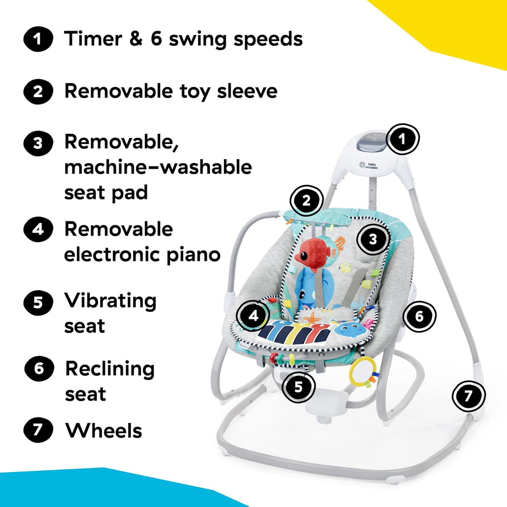 Baby Einstein Explorers Kick to It 4-in-1 Musical Baby Swing & Rocker, with Removable Piano Toy, Ages 0 Months and Up