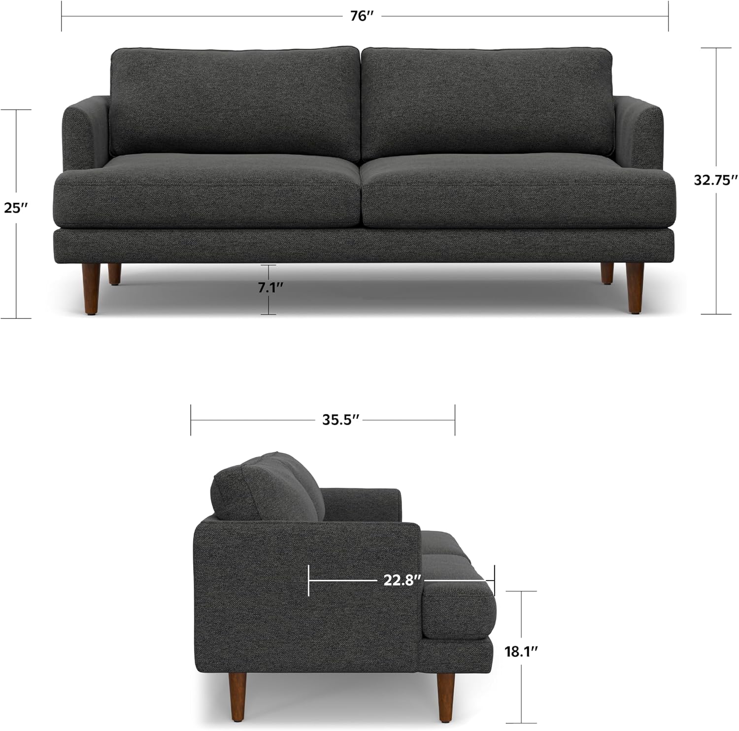 SIMPLIHOME Livingston 76' Wide x 33' High Sofa in Charcoal Grey Woven-Blend Fabric, Handcrafted Loveseat Couch for Living Room or Family Room, Mid-Century Modern Style, Solid Wood Frame