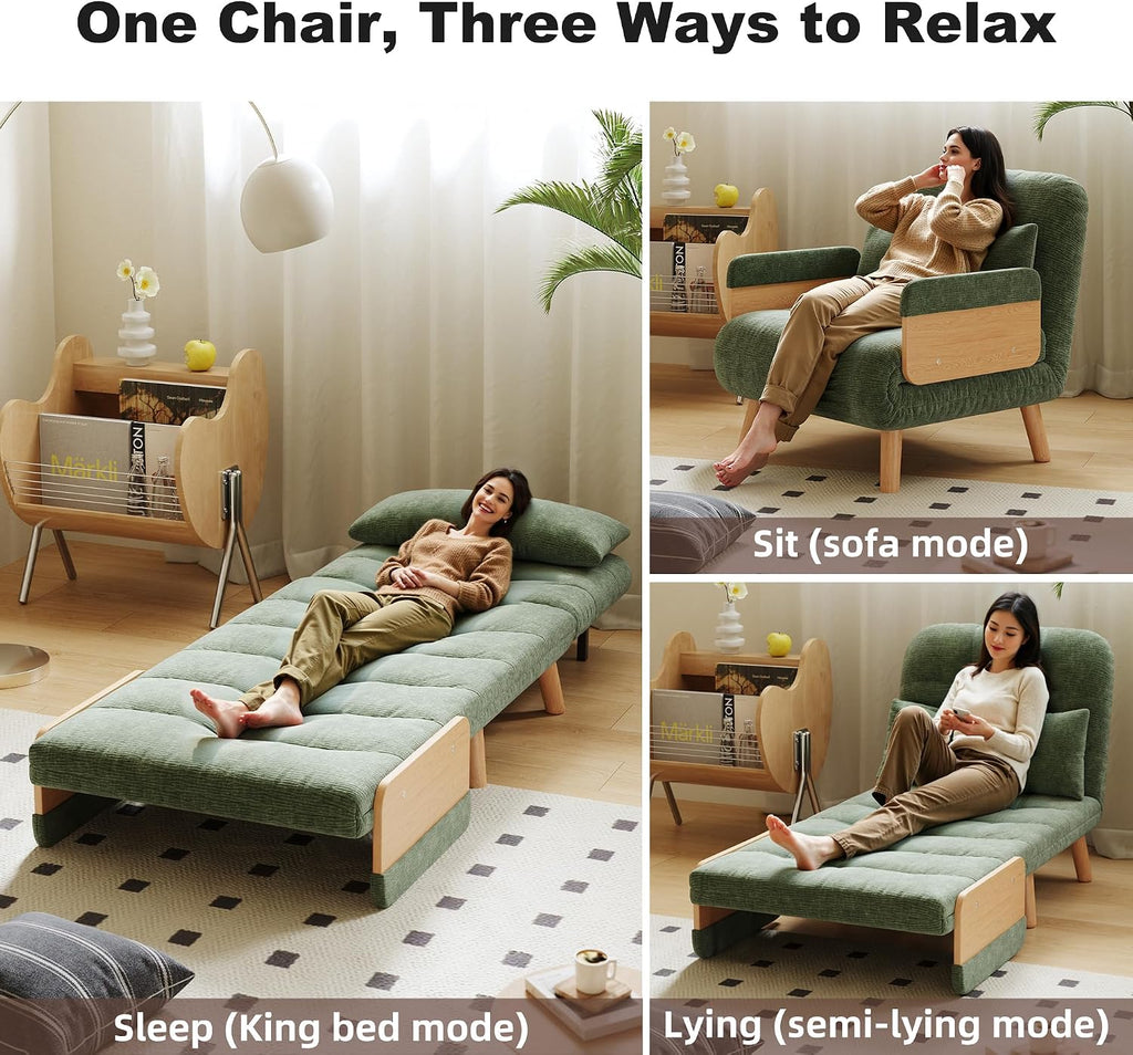 Convertible Lounger Fold-Out Sofa Bed, 3-in-1 Sleeper Sofa，Adjustable Backrest, Modern-Style Sofa for Small Spaces, Bedrooms & Offices(Green,35.43)