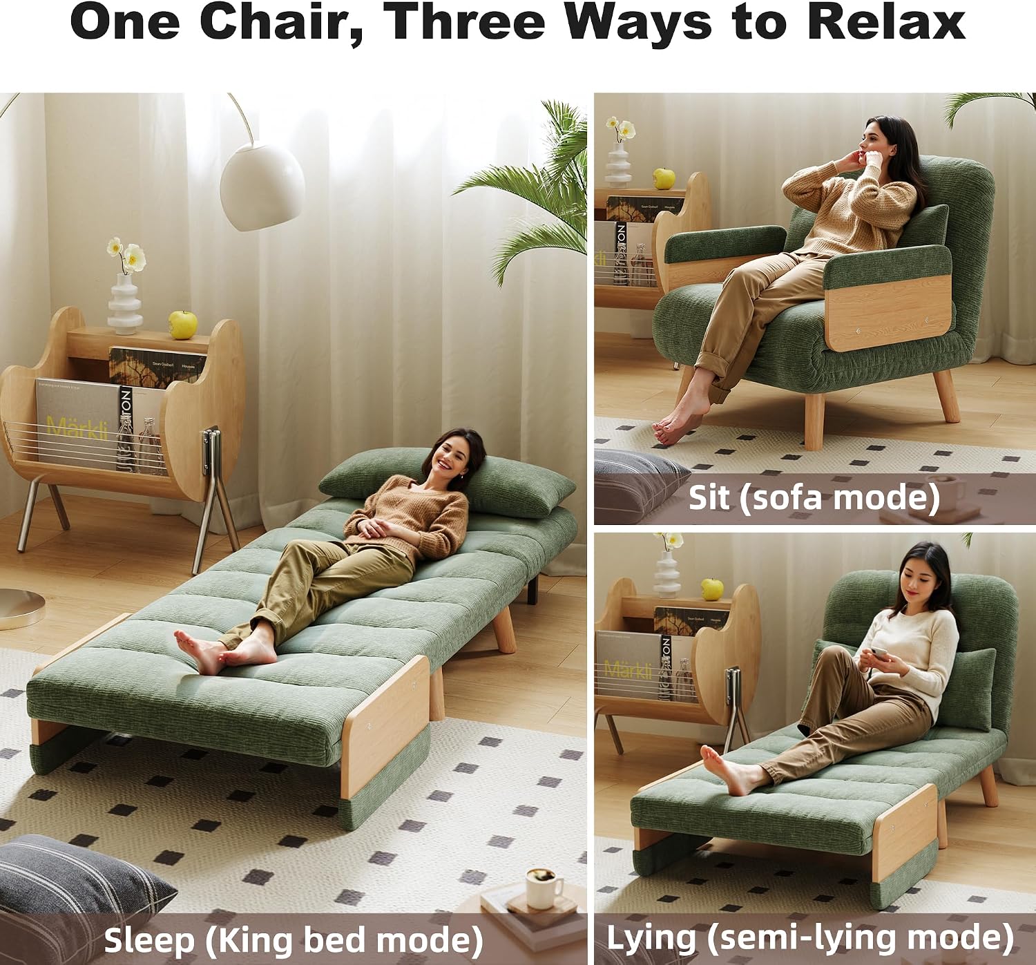 Convertible Lounger Fold-Out Sofa Bed, 3-in-1 Sleeper Sofa，Adjustable Backrest, Modern-Style Sofa for Small Spaces, Bedrooms & Offices(Green,35.43)