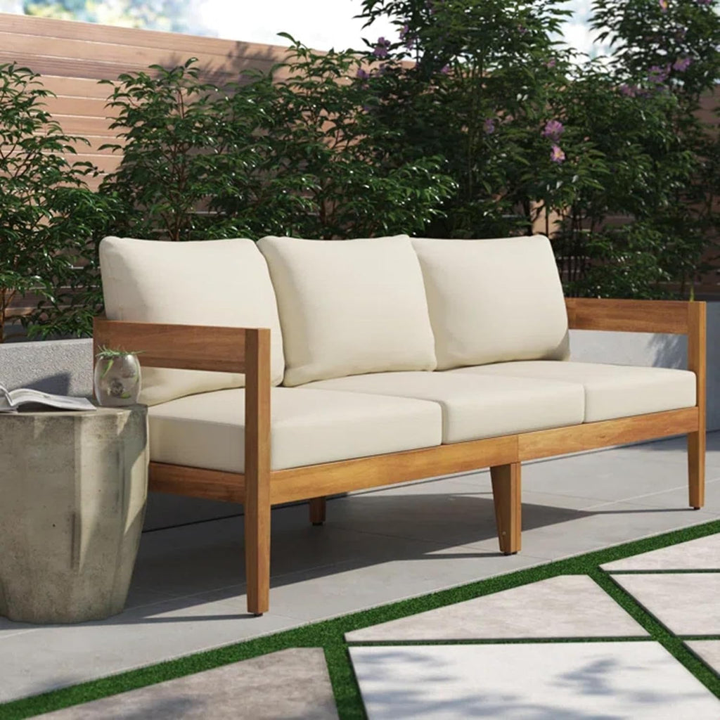 76.5 Inch Outdoor Acacia Wood 3-Seater Patio Sofa with Beige Cushions Curved Tuxedo Design Weather-Resistant Garden Backyard Couch, Teak