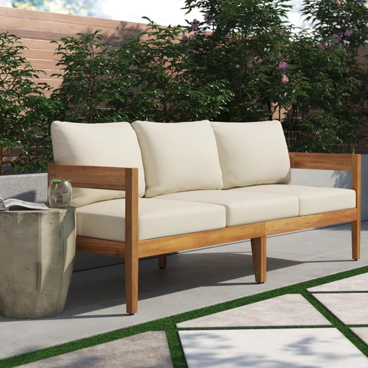 76.5 Inch Outdoor Acacia Wood 3-Seater Patio Sofa with Beige Cushions Curved Tuxedo Design Weather-Resistant Garden Backyard Couch, Teak