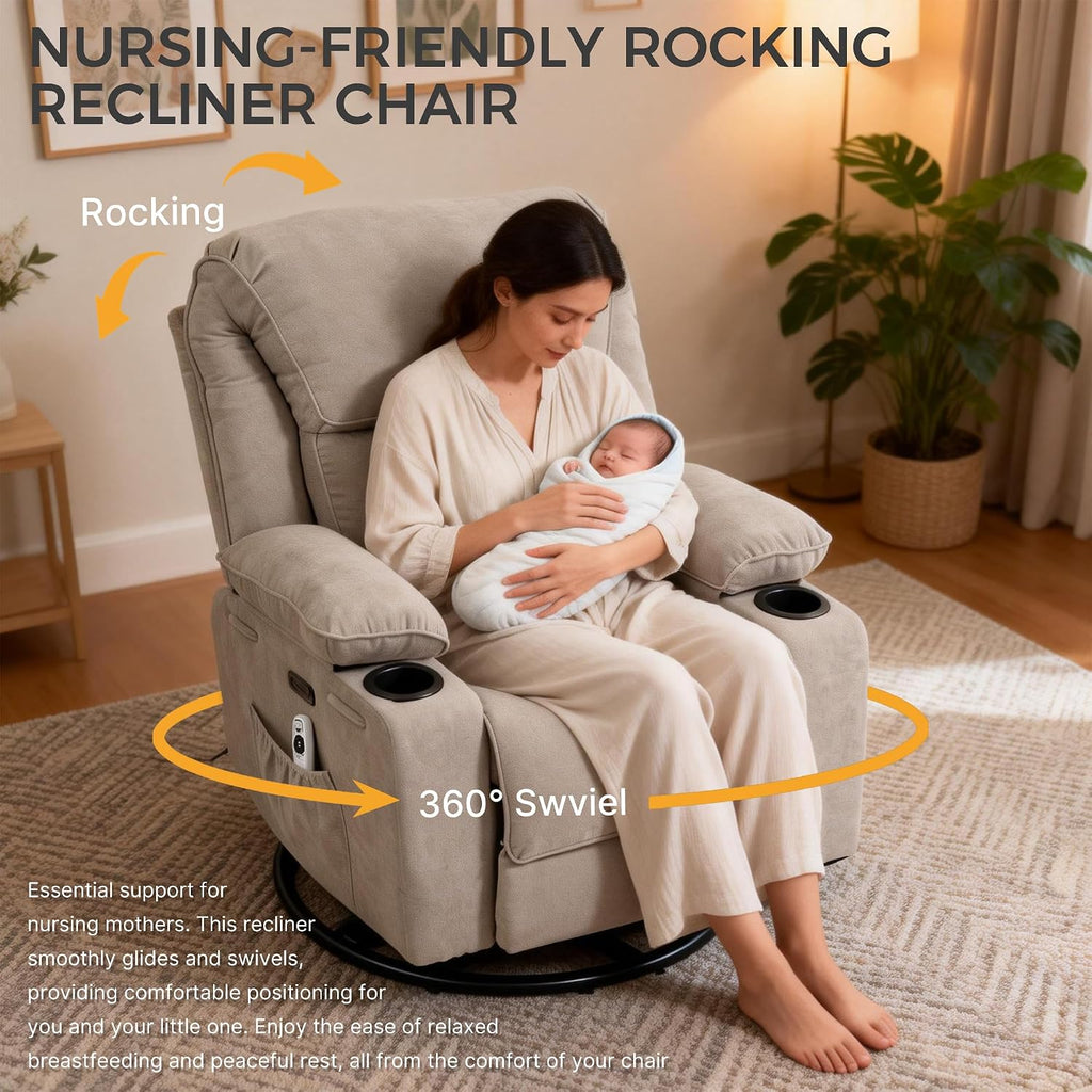 Recliner Chair Power Control, Nursery Reclining & Rocking Chair and Glider, Massage Swivel Living Room Furniture for Small Spaces, Bedroom, RVS, Lounge Sofa Chairs with USB & Type C Ports, Light Gray