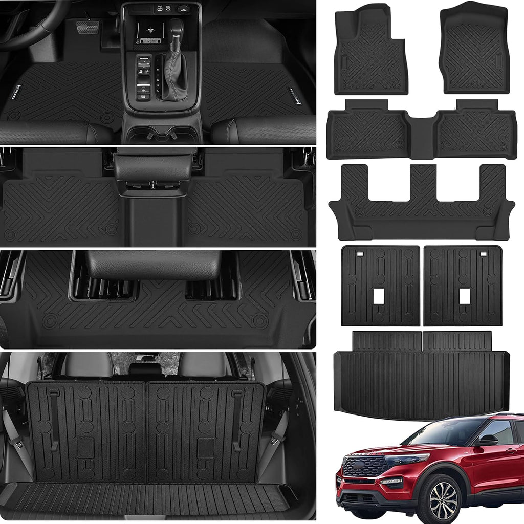 Floor Mats &Trunk Mat for 2020-2025 Ford Explorer 7 Seats with Backrest Mat All Weather TPE Rubber Cargo Liner for 2020-2025 Ford Explorer Accessories