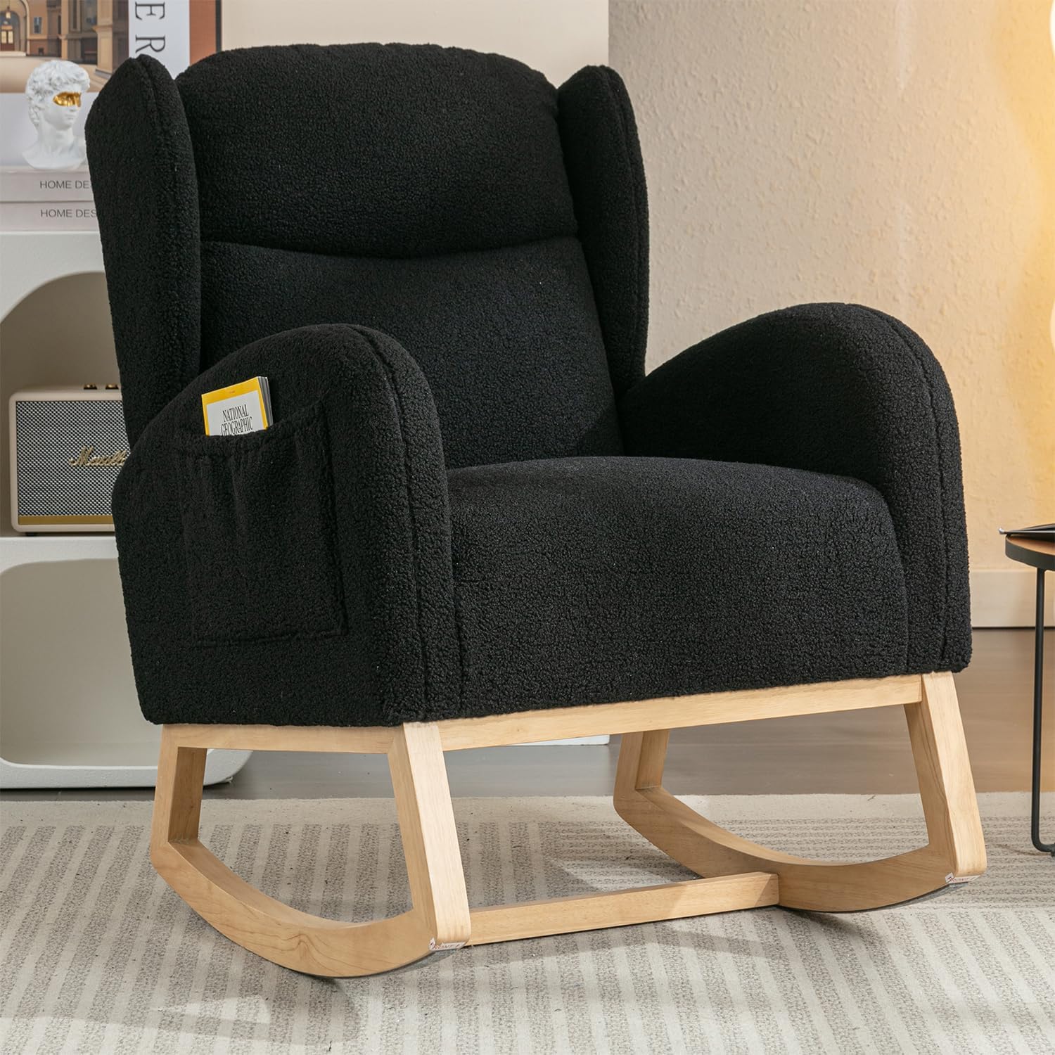 Cloud Rocking Chair Nursery, Comfy Glider Nursery Chair with Foot Rest, Upholstered Rocker, Modern Accent Reading Armchair with Solid Wood Base for Living Room, Bedroom (40' Black)