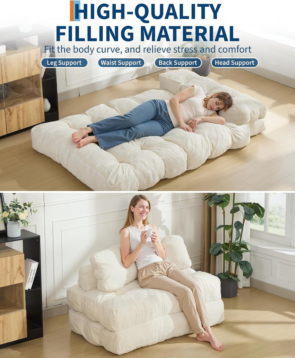 Garvee Folding Sofa Bed, Convertible Sleeper Chair with Pillow Foldable Mattress with Back Support, Boneless Fold Out Chair Bed Comfy Floor Sofa Lounge for Living Room, Bedroom, Beige, Full