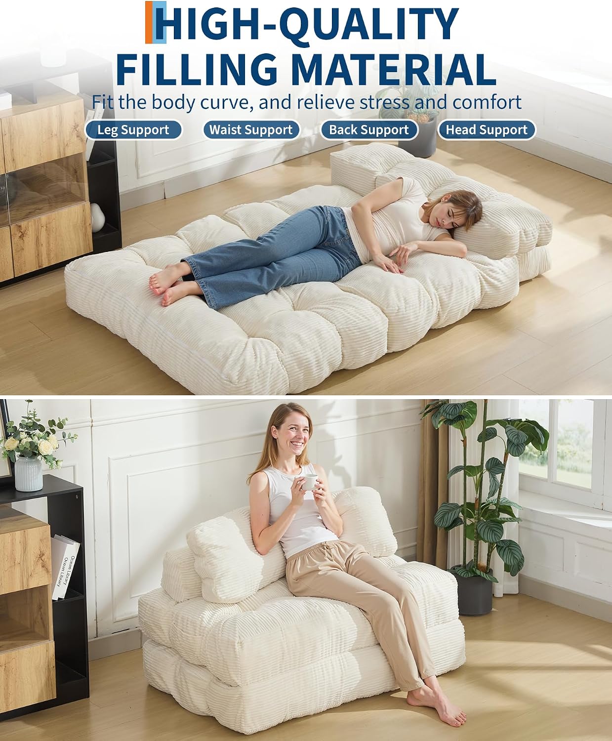 Garvee Folding Sofa Bed, Convertible Sleeper Chair with Pillow Foldable Mattress with Back Support, Boneless Fold Out Chair Bed Comfy Floor Sofa Lounge for Living Room, Bedroom, Beige, Full