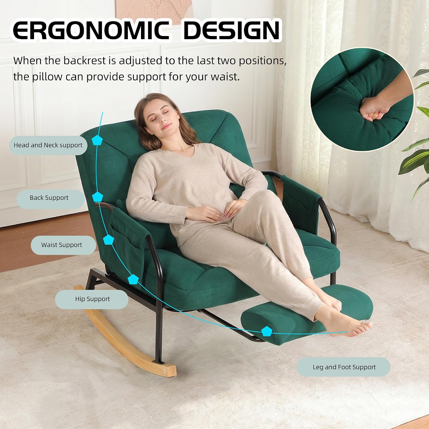 Oversized Rocking Chair, Extra-Wide Glider Patio Rocker Chairs with Foot Rest, Padded Cushion, Adjustable Backrest, Mental Wooden Farm, Indoor/Outdoor Living Room Bedroom Balcony Porch, Green