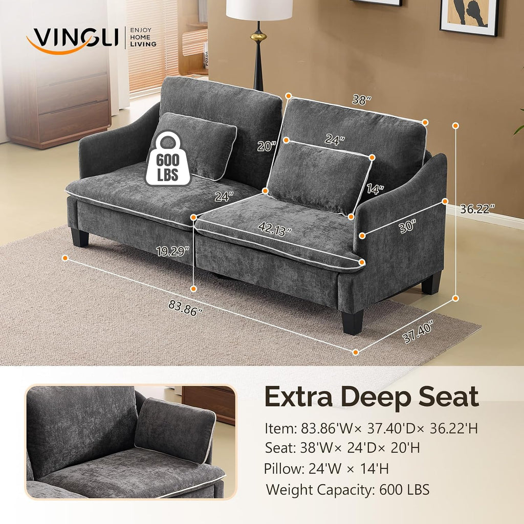 VINGLI 84' Modern Sofa Couch, Linen Velvet 2-Seater Loveseat with Piped Cushions, Removable Cover & 2 Throw Pillows, Upholstered Couches for Living Room, Apartment, Office | Piped Cushions Sofa