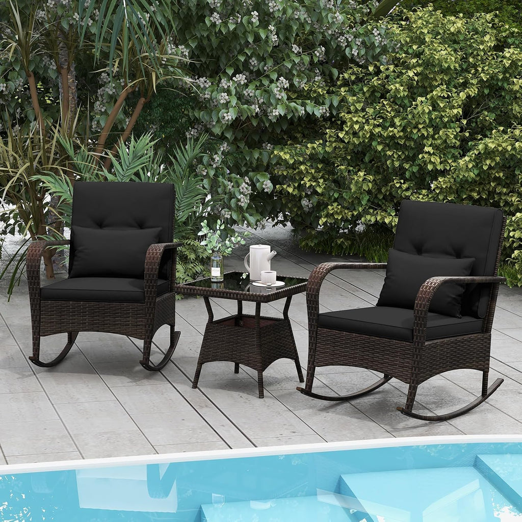 HAPPYGRILL 3 Piece Outdoor Rocking Bistro Set, Rattan Wicker Rocking Chairs with Tempered Glass Coffee Table, Rocker Chairs Set with Cushions & Pillows, for Backyard, Porch, Poolside (Black)