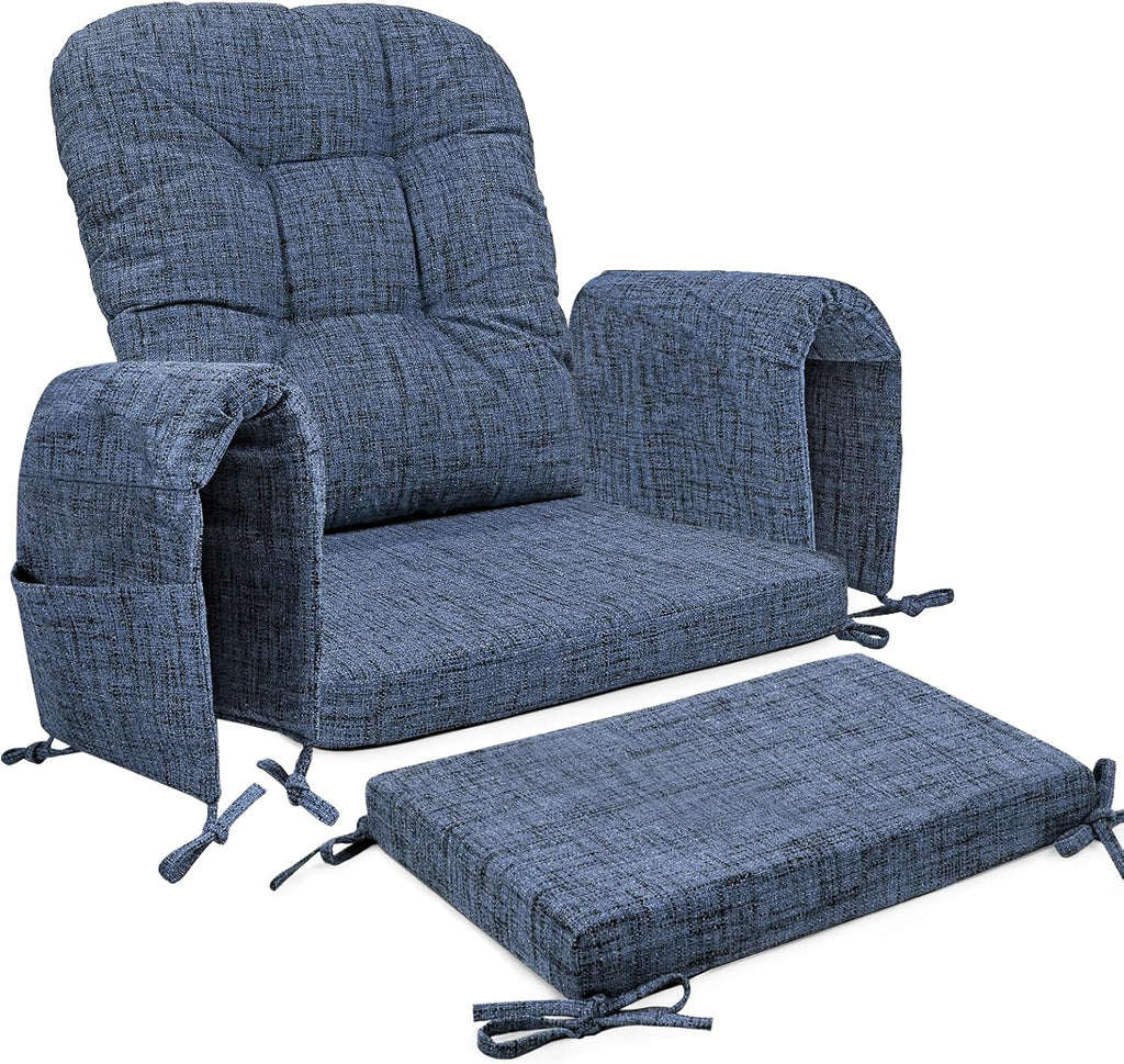 SINOSSO Glider Rocker Cushion Set (5 Pcs), Soft Blended Fabric High-Density Support Foam Seat Cushions with Ties, Fits Rocking Chair/Nursery Glider & Ottoman, Blue
