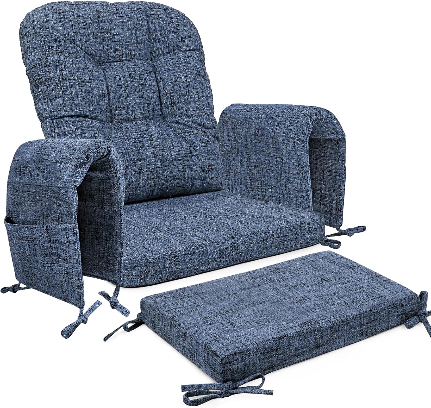 SINOSSO Glider Rocker Cushion Set (5 Pcs), Soft Blended Fabric High-Density Support Foam Seat Cushions with Ties, Fits Rocking Chair/Nursery Glider & Ottoman, Blue