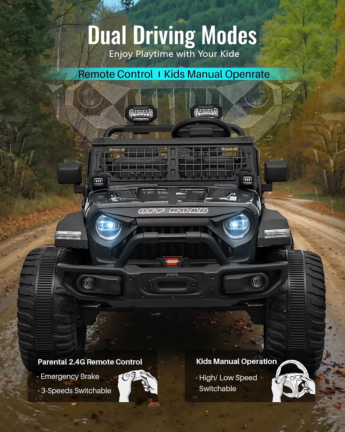 Blitzshark 24V MAX Ride-on Truck 2 Seater 4WD Kids Electric Vehicle 4x4 XXL Battery Powered Car, with 480W Ultra Powerful Motor, 7AH Battery, Remote Control, Full-Metal Suspension& DIY Sticker, Black
