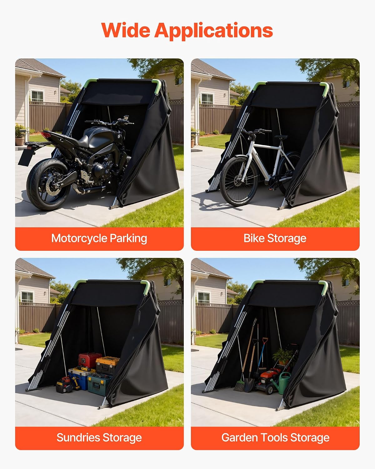 VEVOR Motorcycle Storage Shelter 136 x 54 x 75 in with Security Lock, 600D Oxford Flip-Up Garage Tent, Heavy-Duty All-Weather Motorcycle Cover Shed with 2 Side Windows, Outdoor Vehicle Shelter, Black