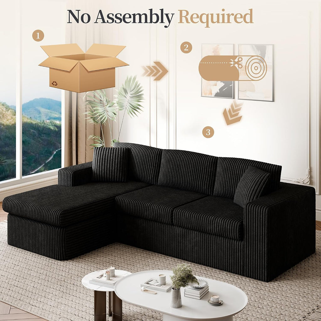 Vongrasig 105' Boneless Couches for Living Room, Sectional Couches Modular Sofa with L-Shaped Chaise, Memory Foam Comfy Cloud Couch with Plush Corduroy Fabric, No Assembly Required, Black
