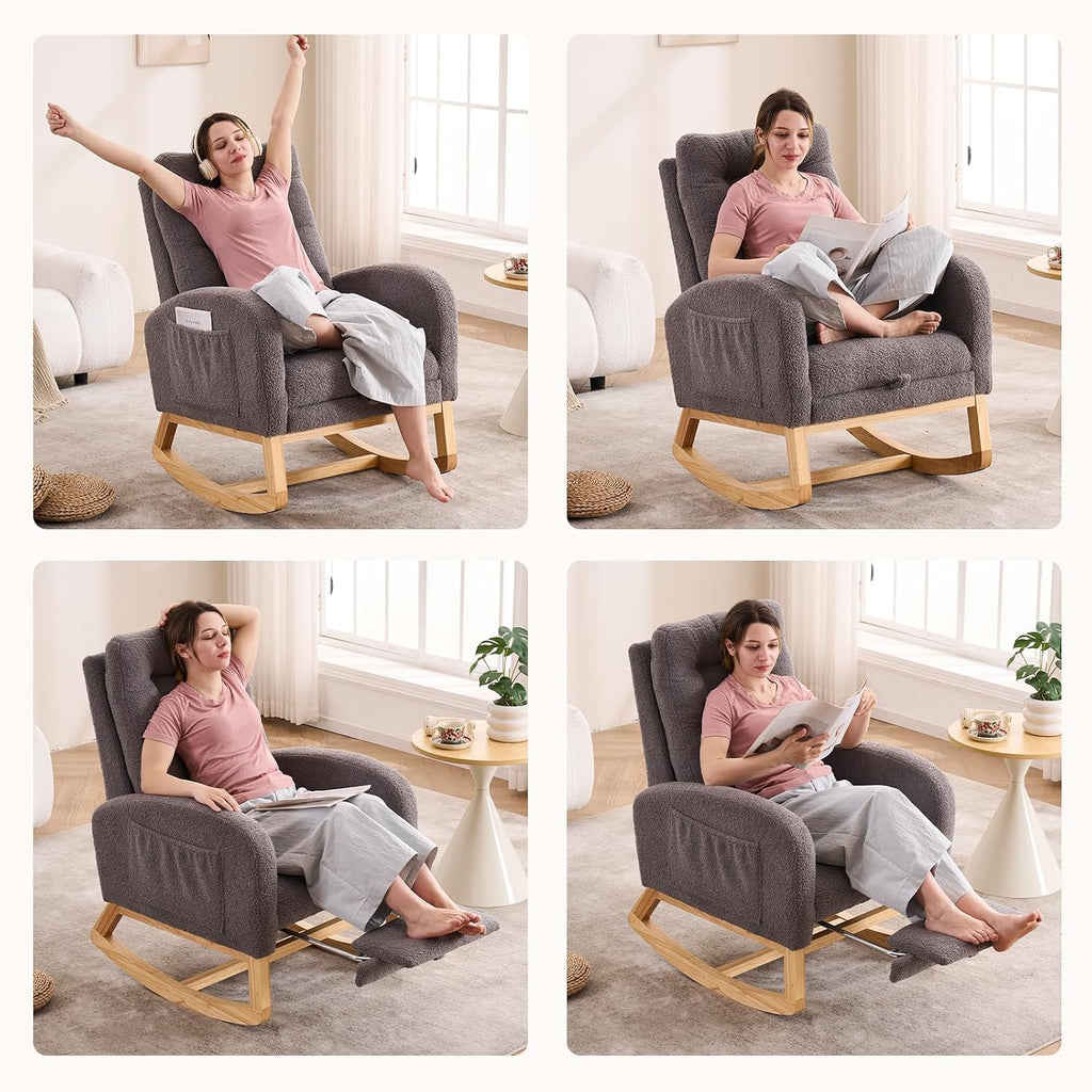 Nursery Rocking Chair,Rubber Wood Base Glider Rocking Chair with Adjustable Footrest and Side Pocket,Teddy Fleece Glider Rocker for Living Room, Bedroom (Teddy Fleece, Dark Gray)