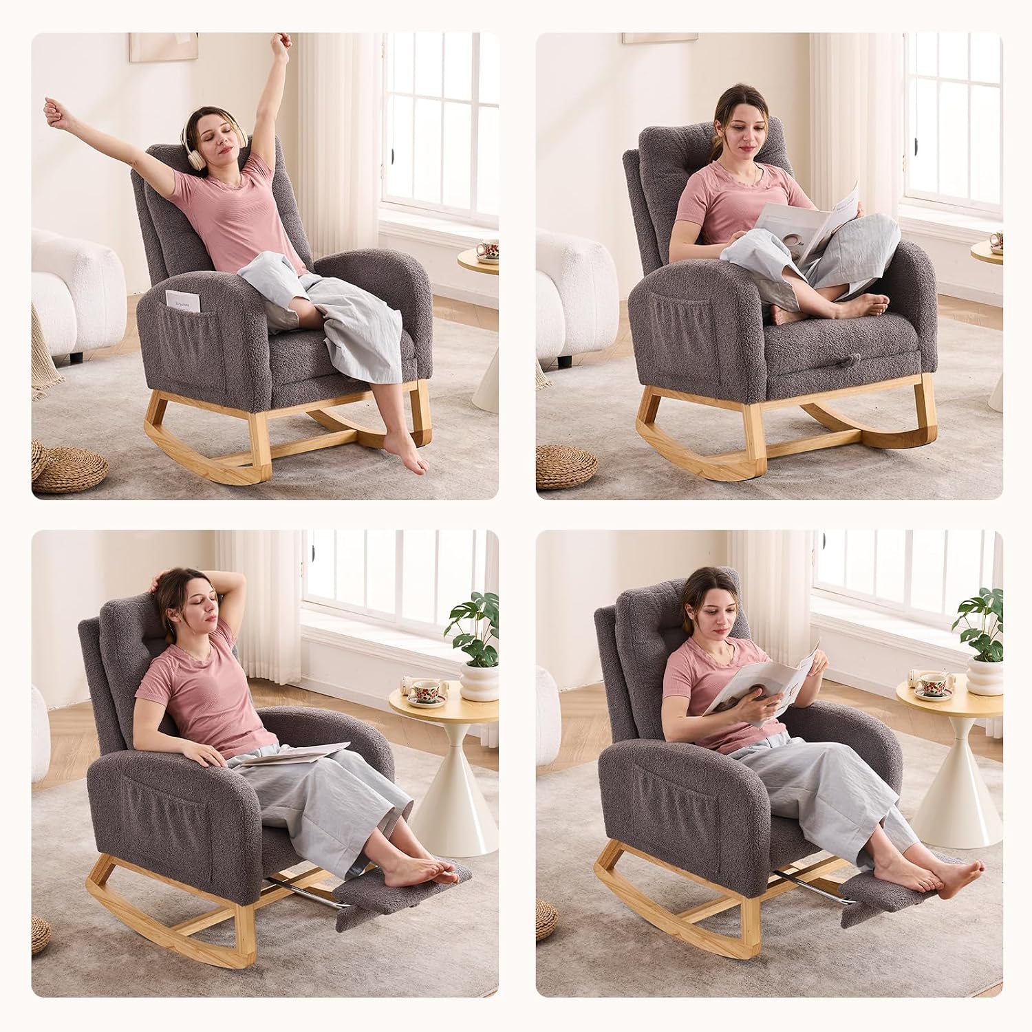 Nursery Rocking Chair,Rubber Wood Base Glider Rocking Chair with Adjustable Footrest and Side Pocket,Teddy Fleece Glider Rocker for Living Room, Bedroom (Teddy Fleece, Dark Gray)