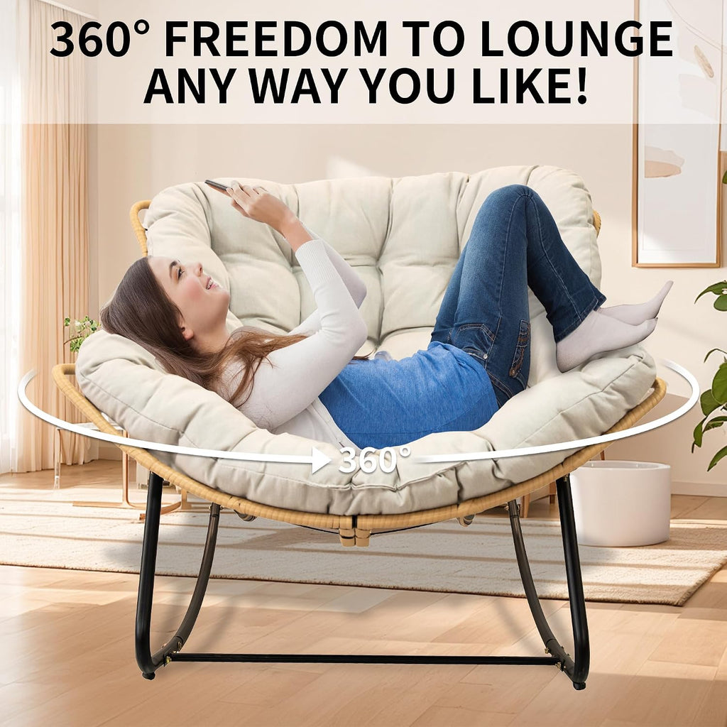 Outdoor Rocking Chair, Patio Egg Rocking Chair, Indoor Papasan Chair, Rattan Wicker Lounge Chair, Modern Royal Chair for Bedroom, Living Room, Porch, Garden,Lawn-Beige (Beige)