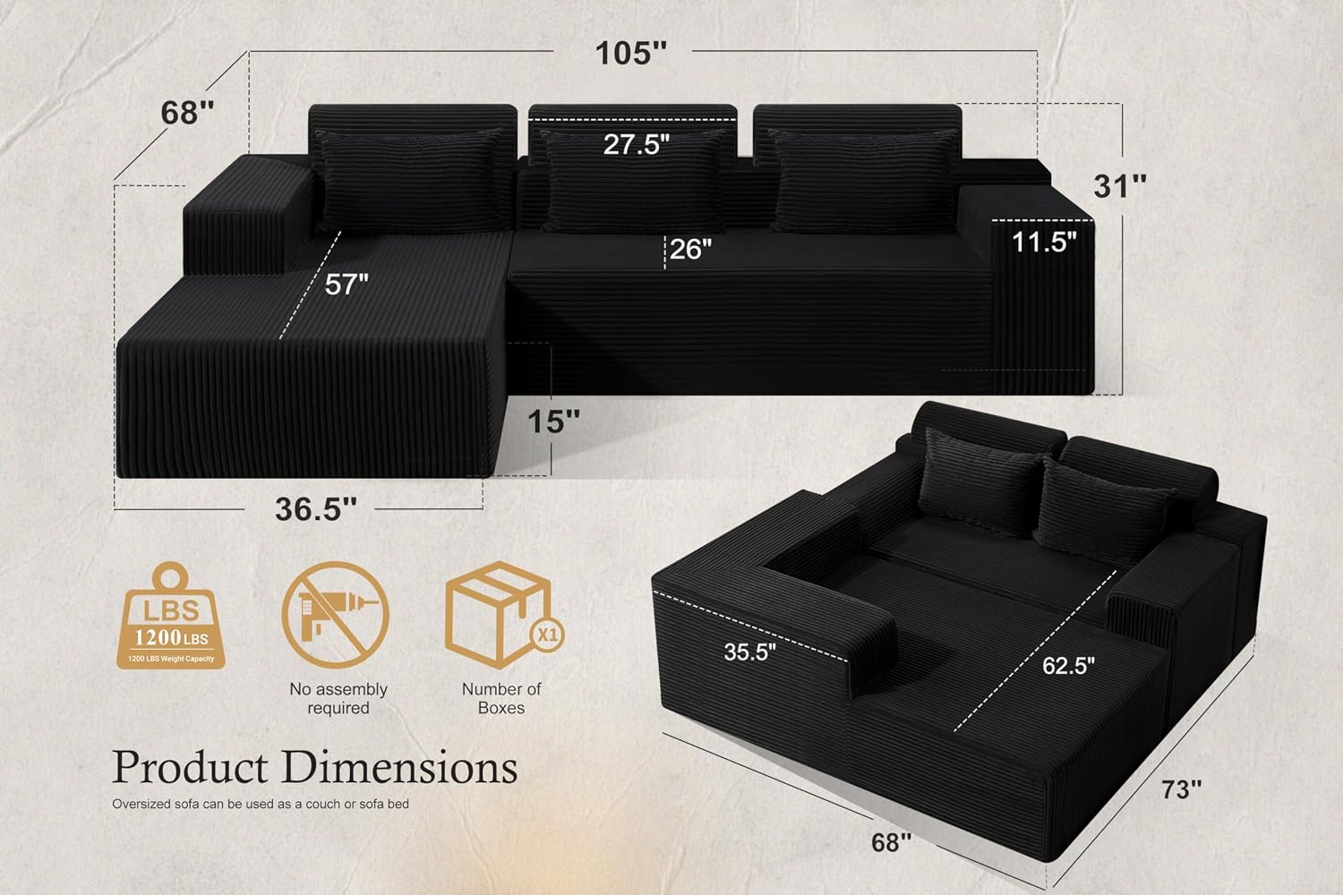 HABUTWAY Sectional Couches for Living Room,No Assembly L Shaped Couch 105' Modular Sectional Sofa Couch with Deep Seat,Cloud Couches Furniture Sets for Apartment,Corduroy (Black, Left Facing)