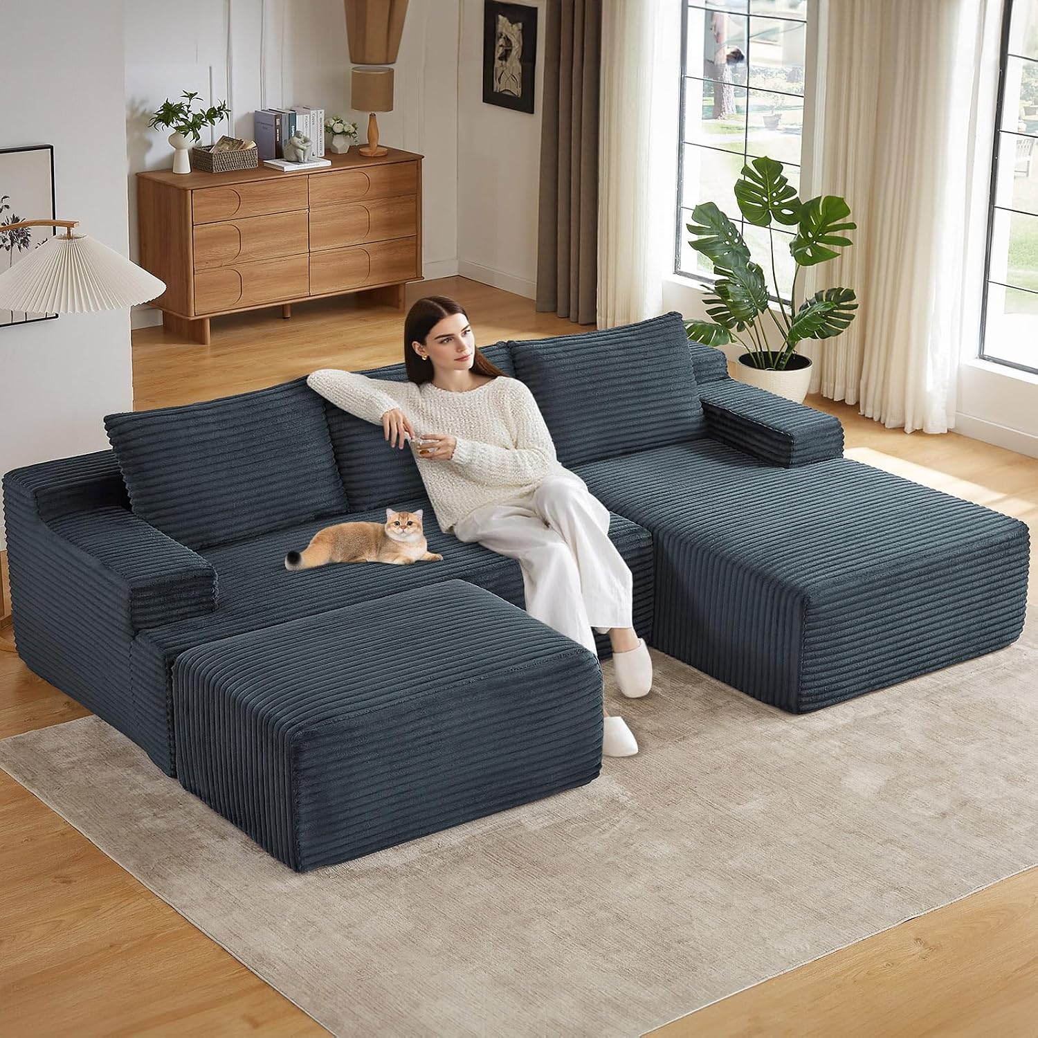 96.1' Modular Sectional Sofa with Ottoman, Modern Corduroy Cloud Couch, Boneless Couch Upholstered 3-Seater U-Shaped Sofa for Living Room, No Assembly (Dark Grey, Right-Facing Chaise)