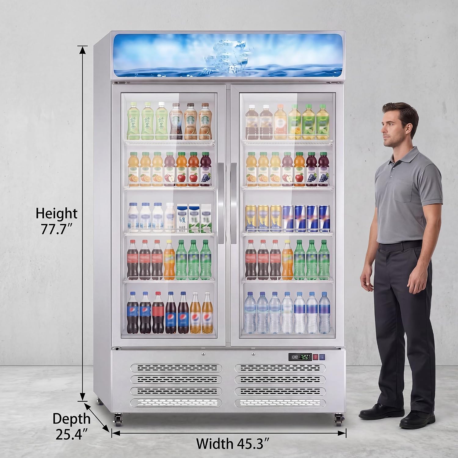 GAOMON Commercial Merchandiser Refrigerator - 25.3 Cu Ft Beverage Cooler with Glass Doors, LED Lightbox & Universal Casters for Convenience Stores, Bars, White
