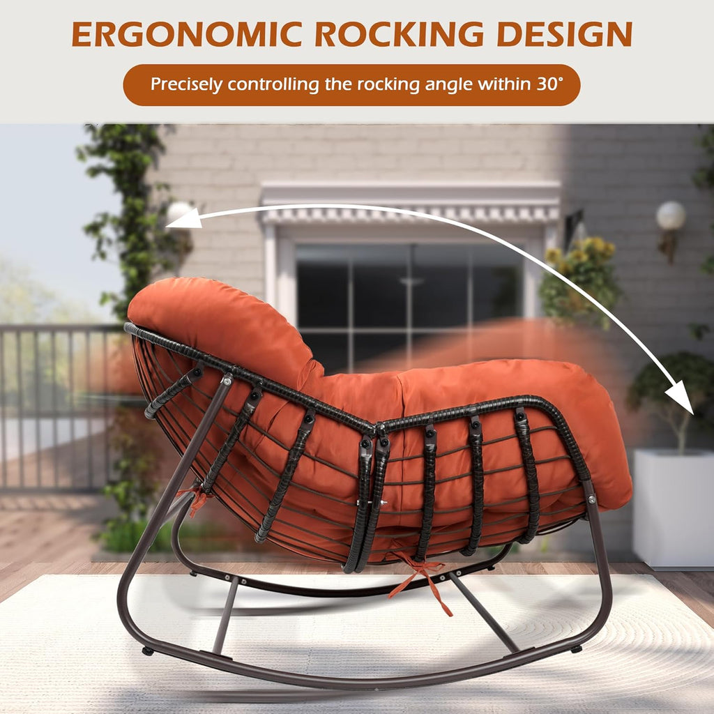 Papasan Rocking Chair Indoor & Outdoor, Oversized Egg-Shaped Papasan Rocker with Cushion & Pillow, All-Weather Wicker Patio Lounge Chair for Garden, Porch, Living Room (Red)