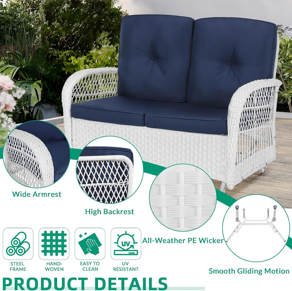 VIVIJASON 4-Piece Outdoor Patio White Wicker Conversation Sets, All Weather Outdoor Rattan Furniture Set Includes Glider Loveseat, Coffee Table, 2 Rocking Chairs with Cushions for Backyard, Navy Blue