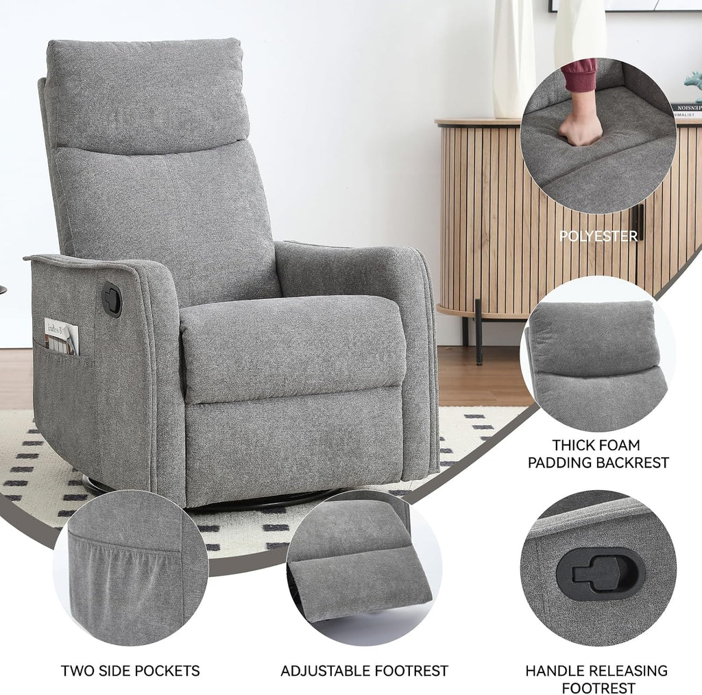 Anwick 360° Swivel Rocker Recliner Chair with Heat and Massage, Manual Upholstered Recliner for Small Spaces, Fabric Glider Nursery Chair with Side Pockets for Living Room (Grey)