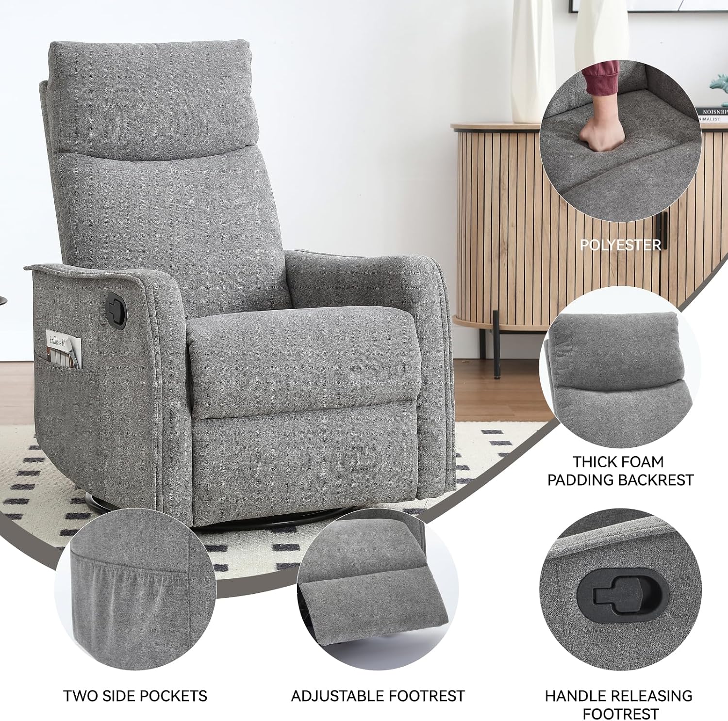 Anwick 360° Swivel Rocker Recliner Chair with Heat and Massage, Manual Upholstered Recliner for Small Spaces, Fabric Glider Nursery Chair with Side Pockets for Living Room (Grey)