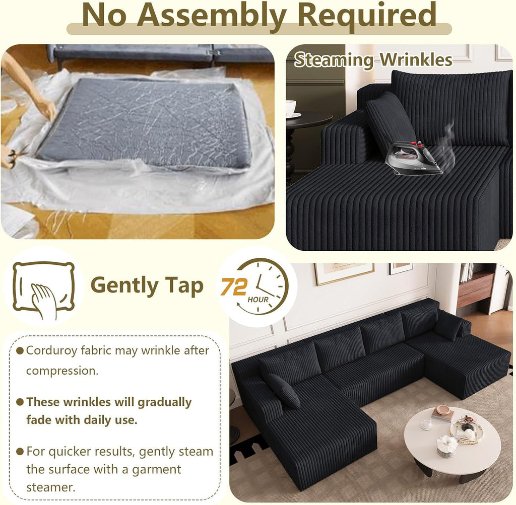 124' Modular Sectional Sofa, Modern Corduroy Cloud Couch with Deep Seat, Boneless Couch Upholstered 4-Seater U-Shaped Sofa for Living Room, No Assembly Required (Black)