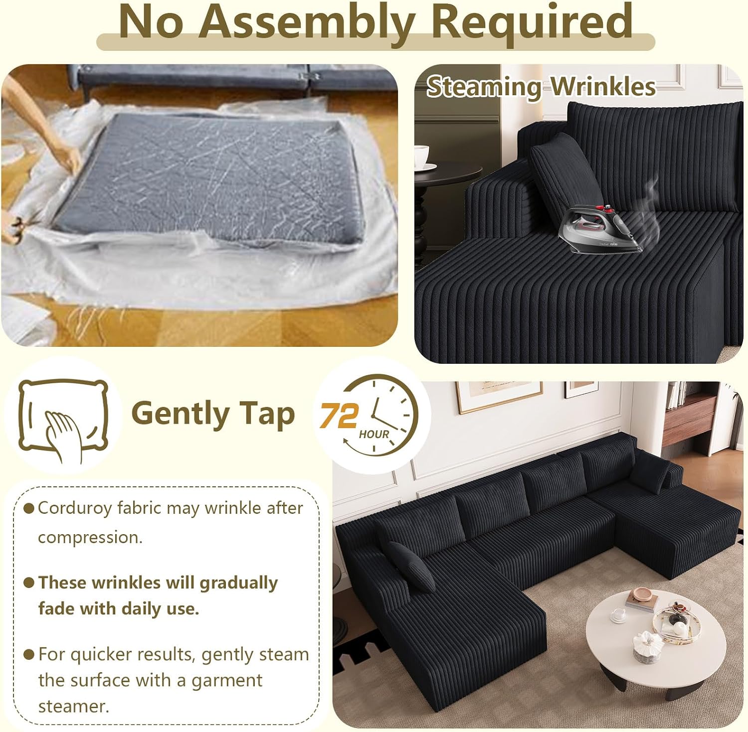 124' Modular Sectional Sofa, Modern Corduroy Cloud Couch with Deep Seat, Boneless Couch Upholstered 4-Seater U-Shaped Sofa for Living Room, No Assembly Required (Black)