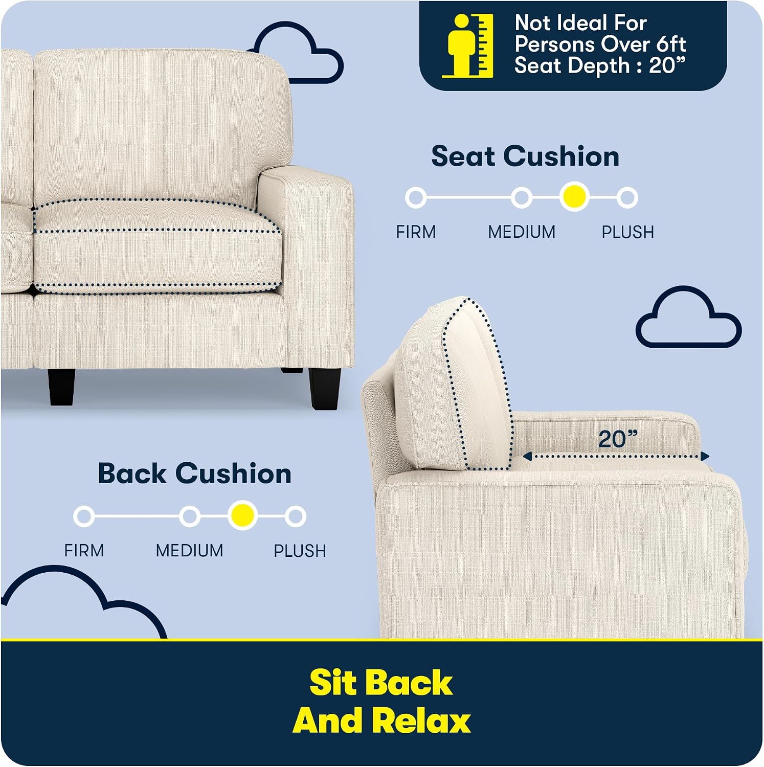 Serta Palisades 61' Track Arm Sofa, Easy Care Polyester, Soft Pillow Back, Pocket Coil Seat Cushions, Removable Covers, Loveseat or Couch for Small Spaces, Living Rooms or Bedrooms, Buckwheat Beige