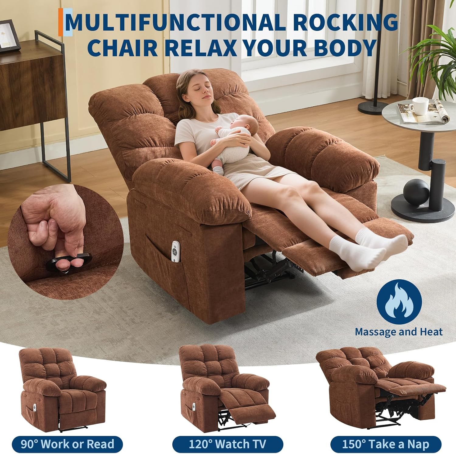21.4in Wide Rocking Recliner Chair,Massage & Heat Recliner Chair for Adults,Home Theater Seating with Lumbar Support,Nursery Rocking Chairs for Living Room