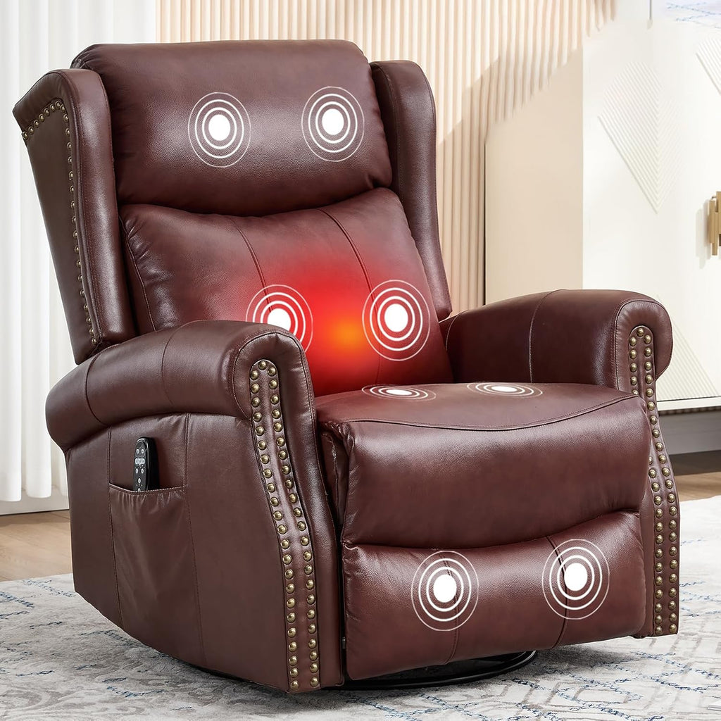 360° Swivel Glider Chair for Nursery, Wingback Genuine Leather Rocking Recliner with Lumbar Heat & Massage, 8-Point Vibration Massage for Living Room Bedroom