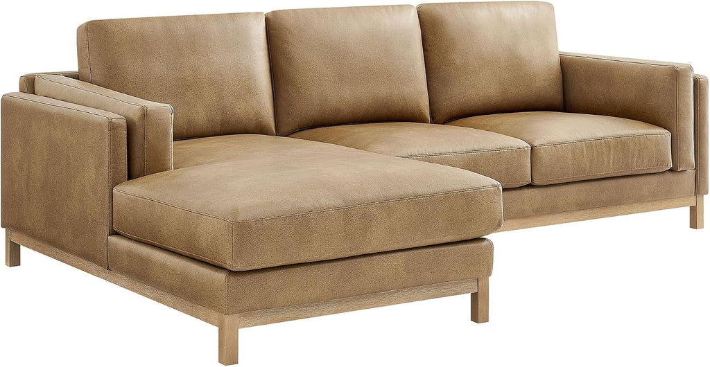 Modway Roscoe Left-Facing Sectional Sofa with Chaise in Toast - 2-Piece Faux Leather Upholstered Deep Seat Couch, L Shaped Modular for Living Room or Lounge