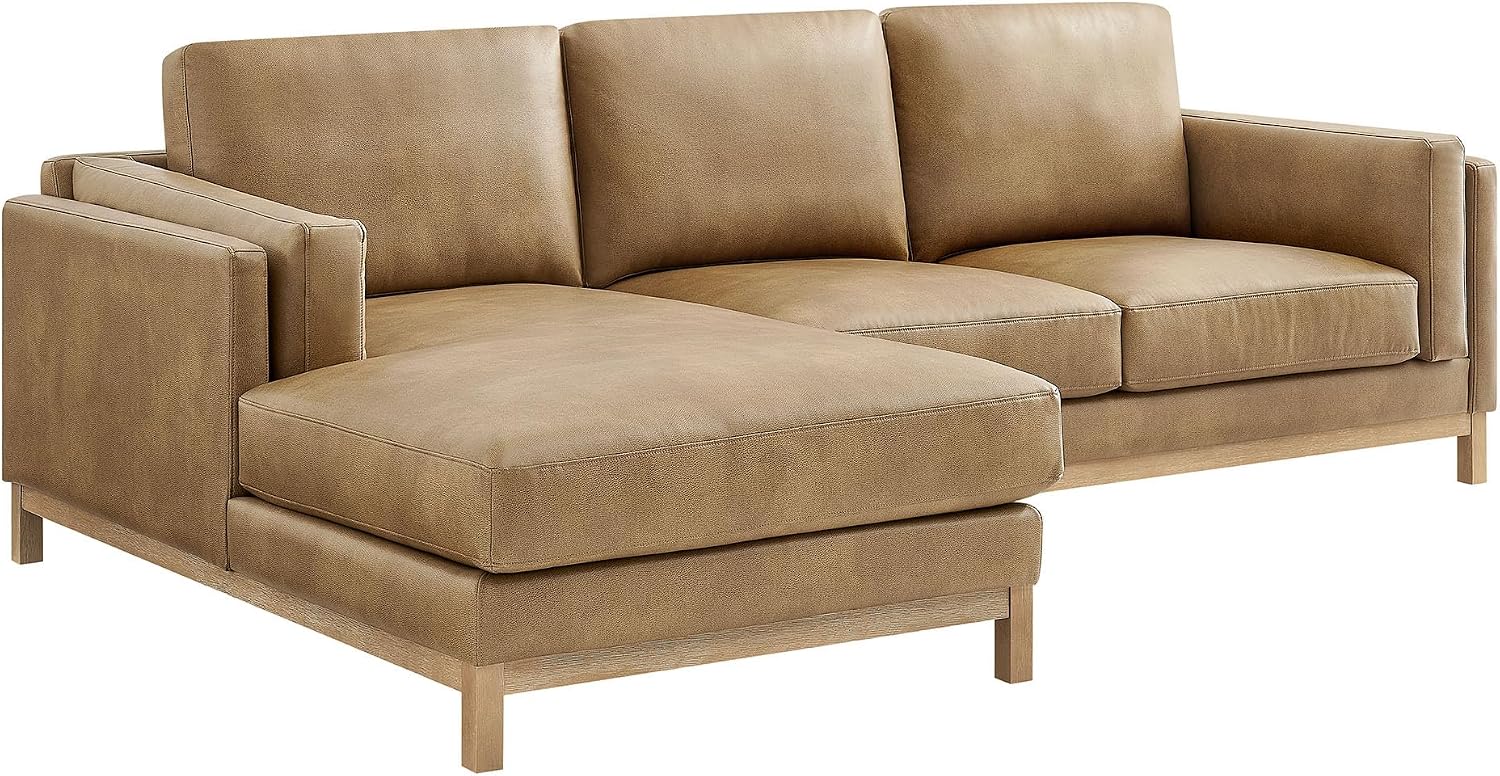 Modway Roscoe Left-Facing Sectional Sofa with Chaise in Toast - 2-Piece Faux Leather Upholstered Deep Seat Couch, L Shaped Modular for Living Room or Lounge