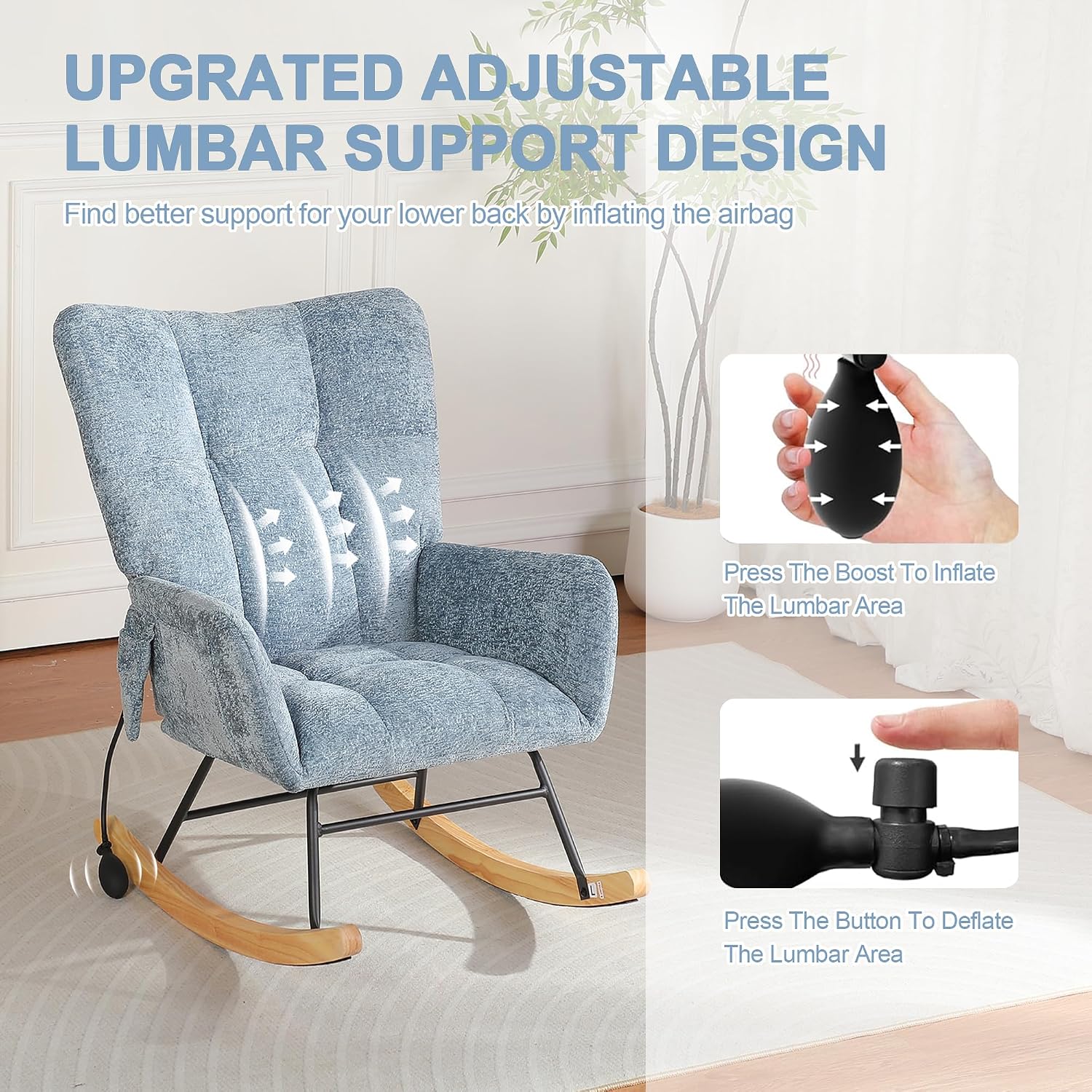 Rocking Chair Nursery with Airbag, Comfy Modern Nursery Rocking Reading Chair Indoor, Cozy Upholstered Glider Rocker Chairs for Living Room Bedroom Offices, (Chenille, Blue)